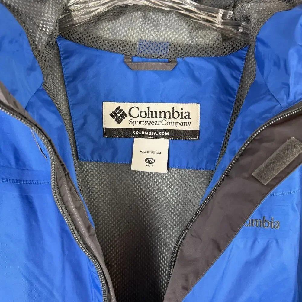 Columbia Youth Size 18/20 Hooded Blue Nylon Rain Jacket